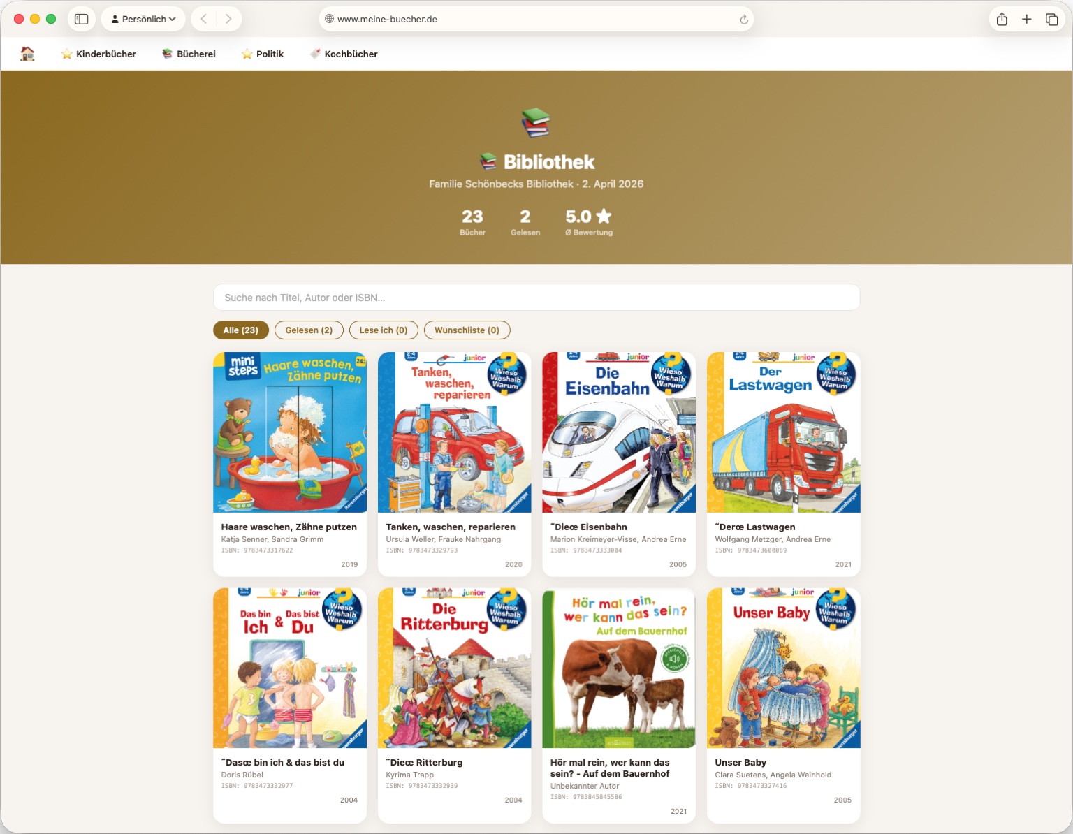 Veröffentlichte Bibliotheksansicht im Browser